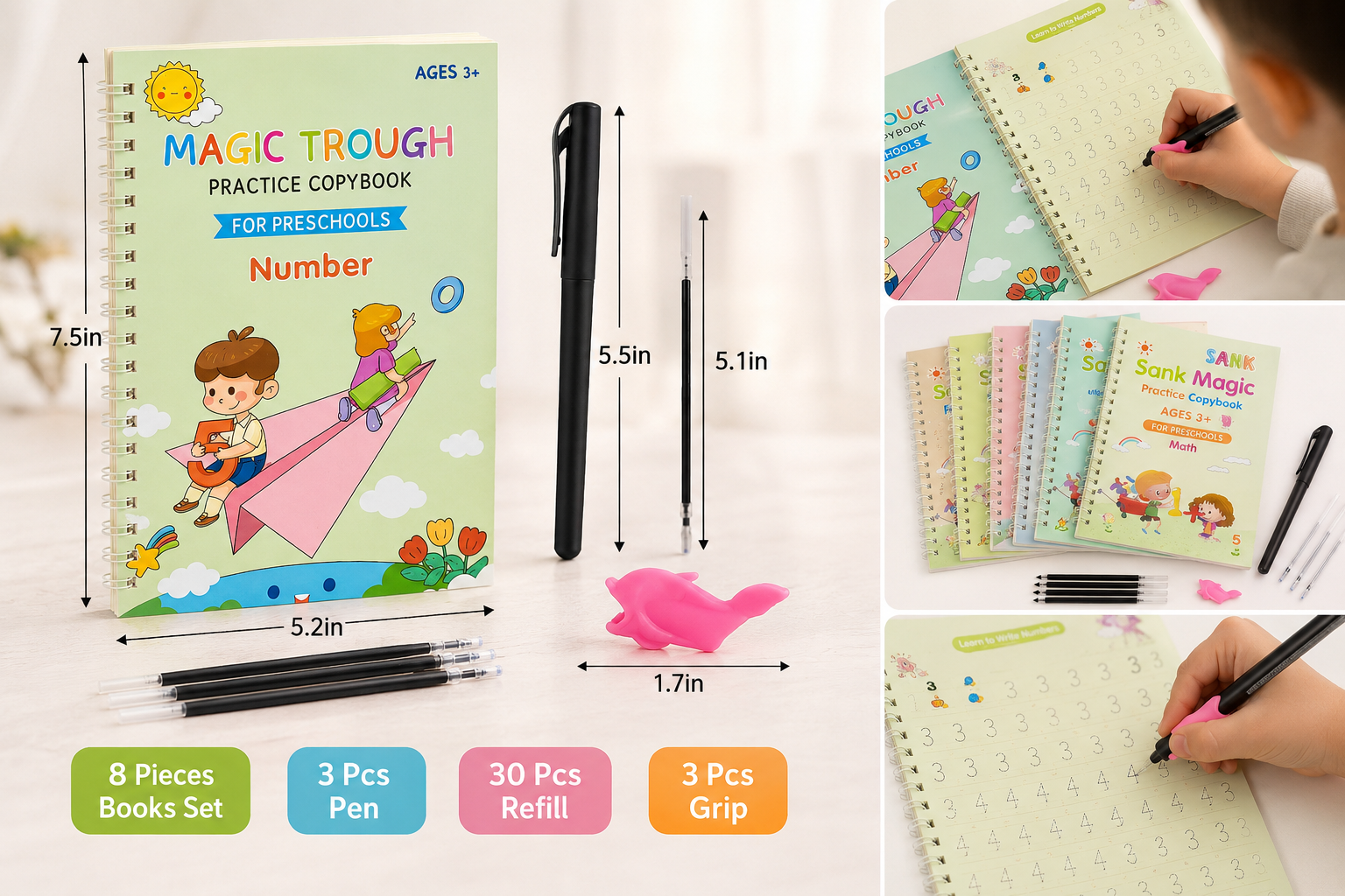 KYNVLO™ Magic Reusable Tracing Workbook Set for Kids | 8 Books Learning Kit (3+ Years)