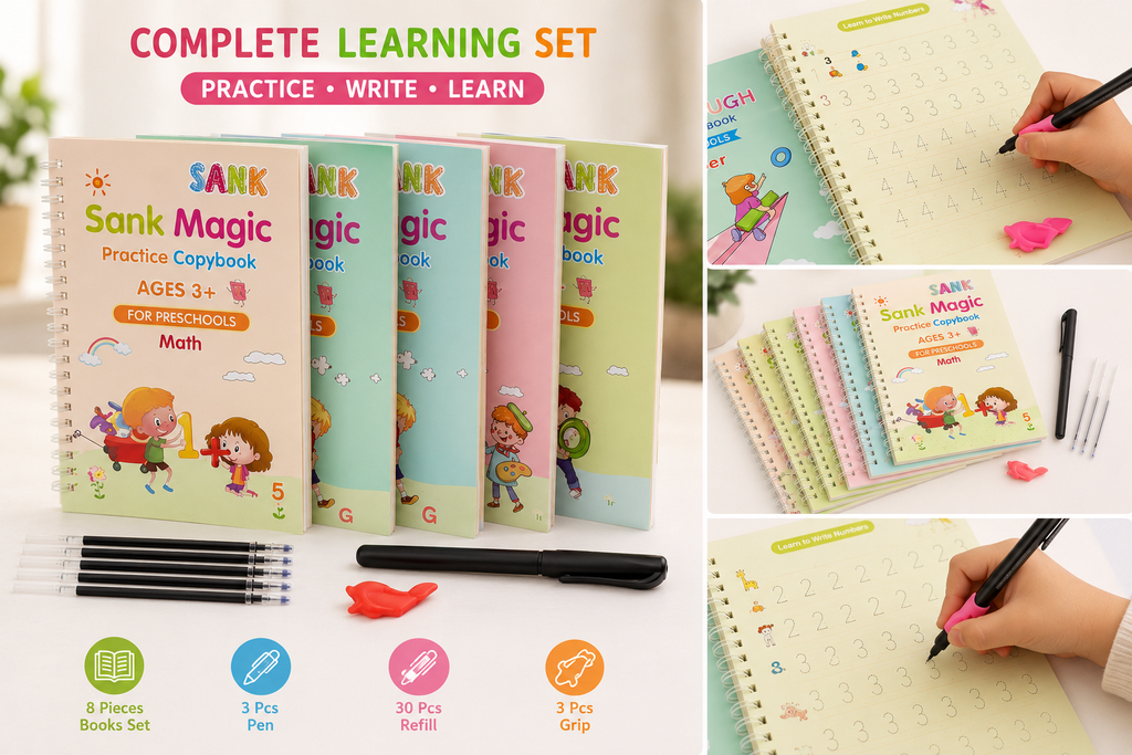 KYNVLO™ Magic Reusable Tracing Workbook Set for Kids | 8 Books Learning Kit (3+ Years)